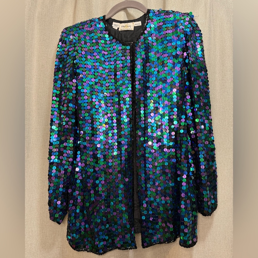 Oleg Cassini Vintage Womens Sequin Beaded Open Front Evening Cardigan Jacket L